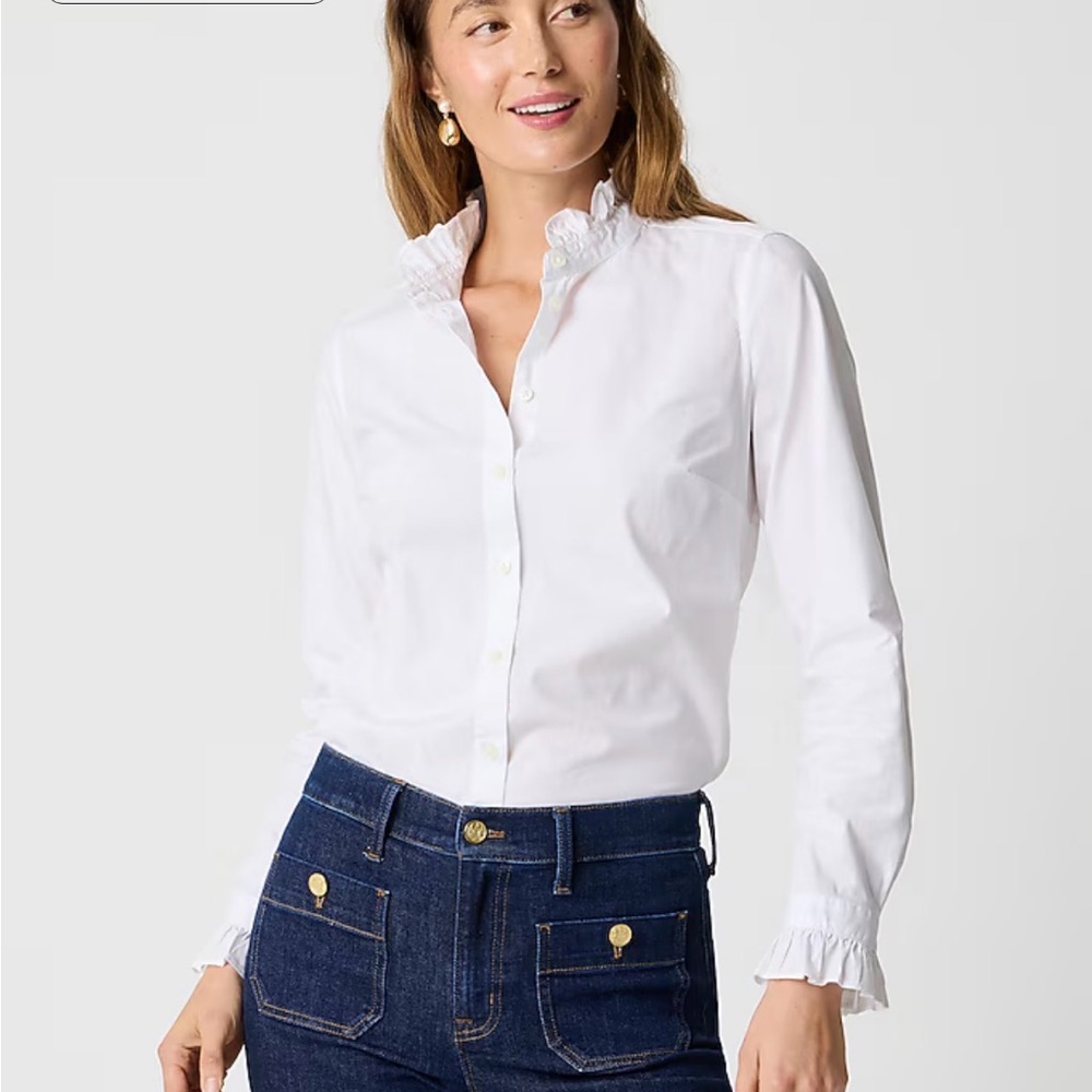 J. Crew White Ruffle Button Up Top size L